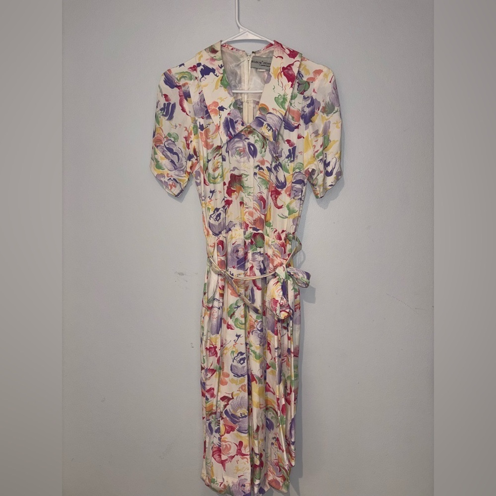 Eklektic Vintage Belted Petite Dress Colorful Floral with Pockets